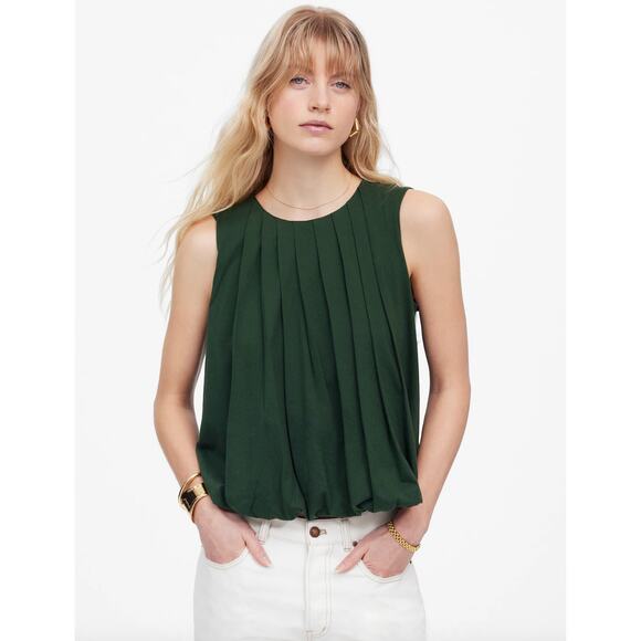 Madewell Sleeveless Crewneck Bubble Top Cotton Pleated Draped Green Small NWT - Picture 1 of 13